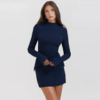 Mini jurk donkerblauw met lange mouwen en hoge hals front view