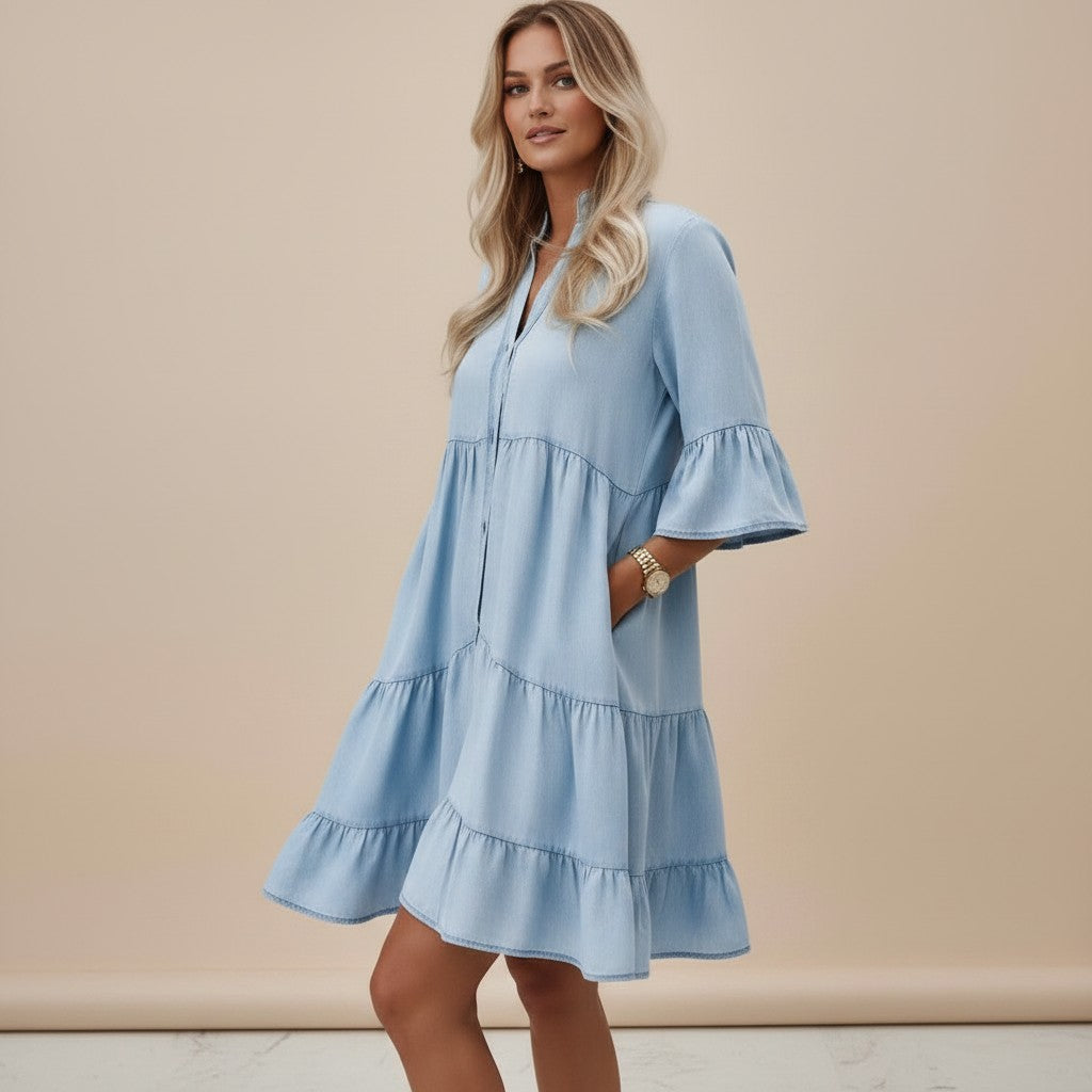 Tess Midi jurk denim met korte mouwen voor dames