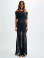 Mira | Dames Maxi Jurk - Off-Shoulder Mesh Met Elegante Plooi Details 0
