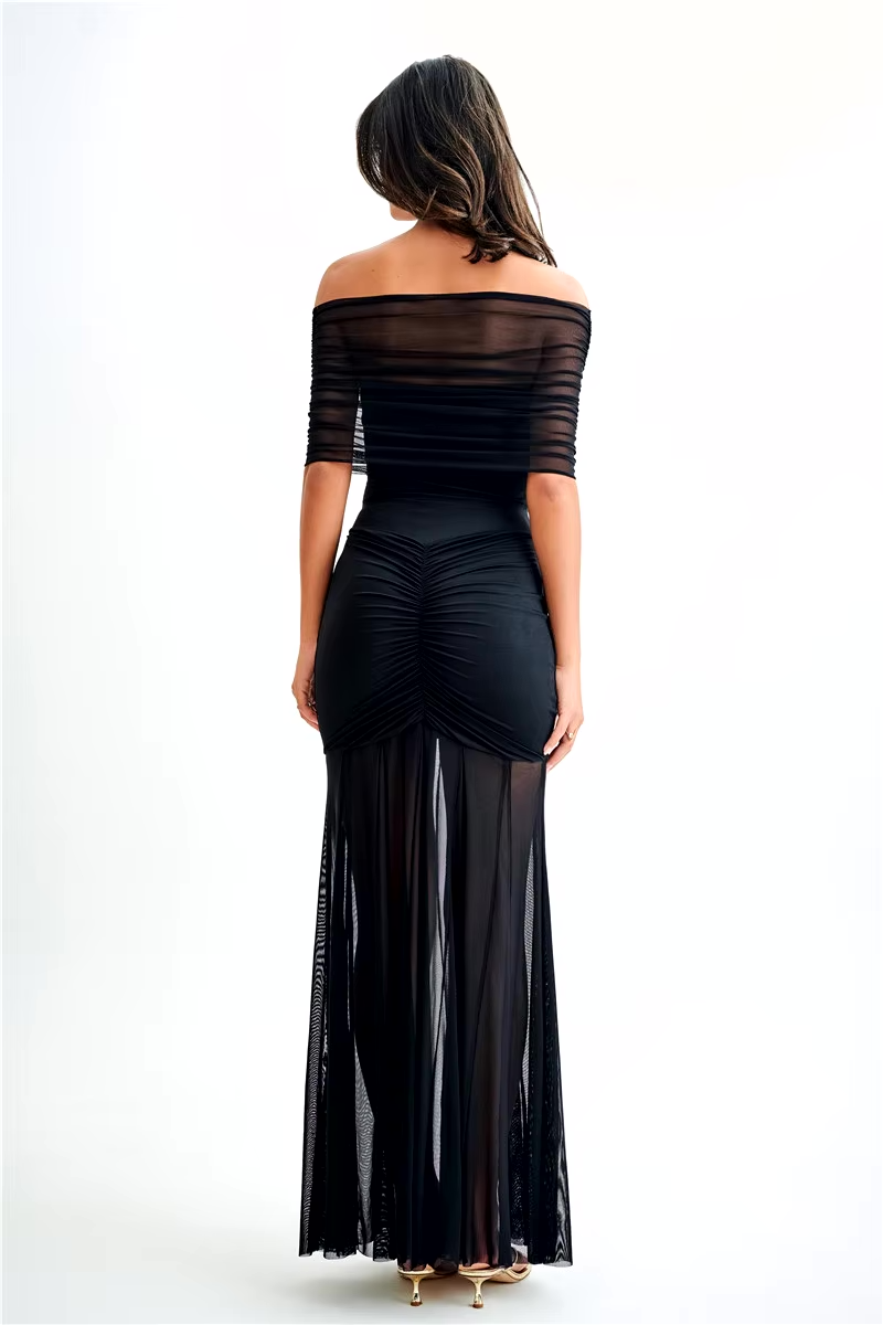 Mira | Dames Maxi Jurk - Off-Shoulder Mesh Met Elegante Plooi Details 1