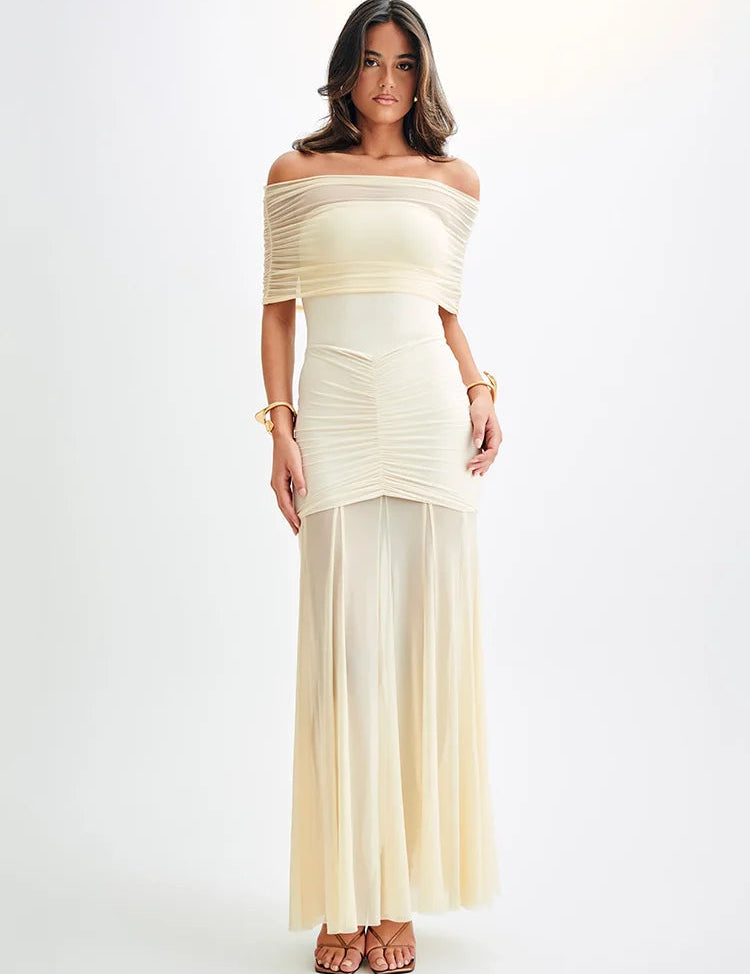 Mira | Dames Maxi Jurk - Off-Shoulder Mesh Met Elegante Plooi Details 2