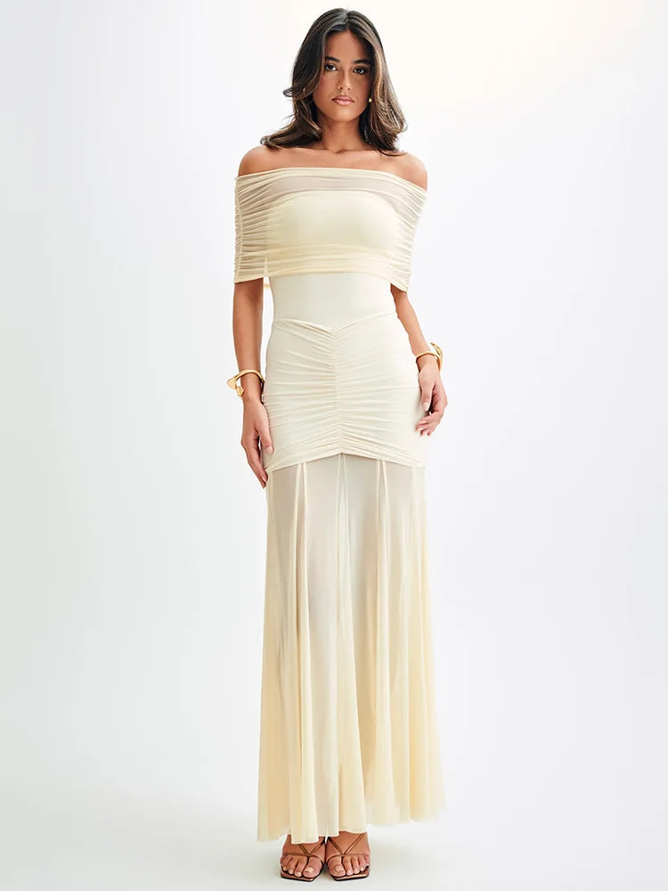 Mira | Dames Maxi Jurk - Off-Shoulder Mesh Met Elegante Plooi Details 2