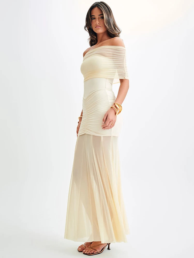 Mira | Dames Maxi Jurk - Off-Shoulder Mesh Met Elegante Plooi Details 4