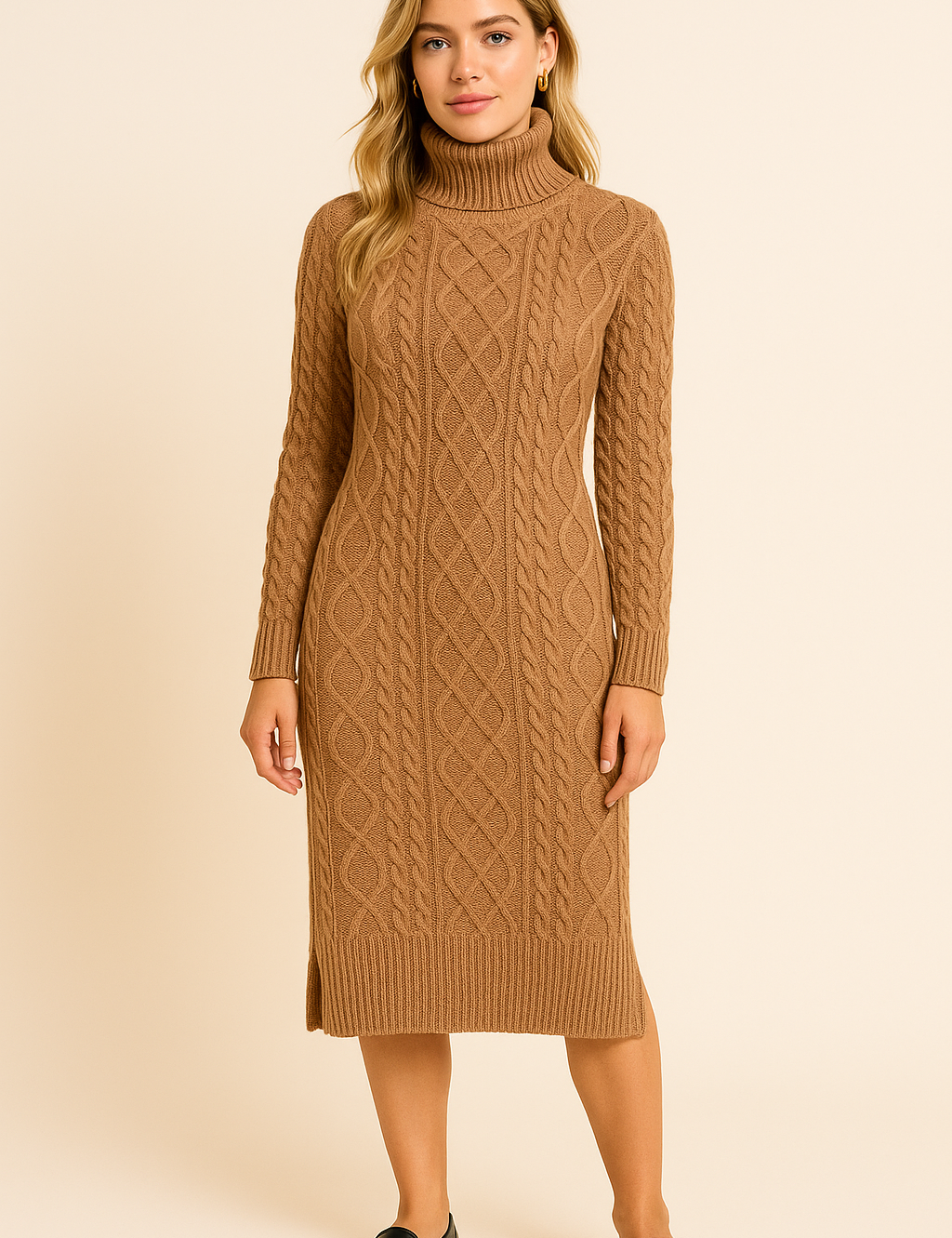 Knitted dress camel front view