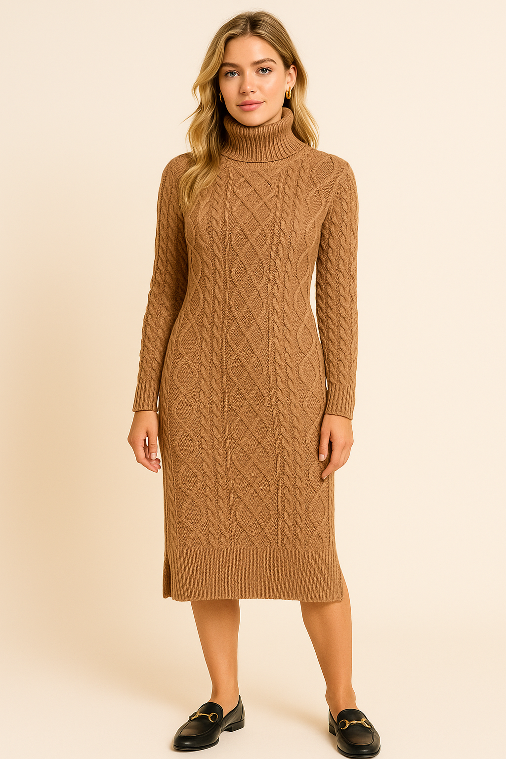 Knitted dress camel front view