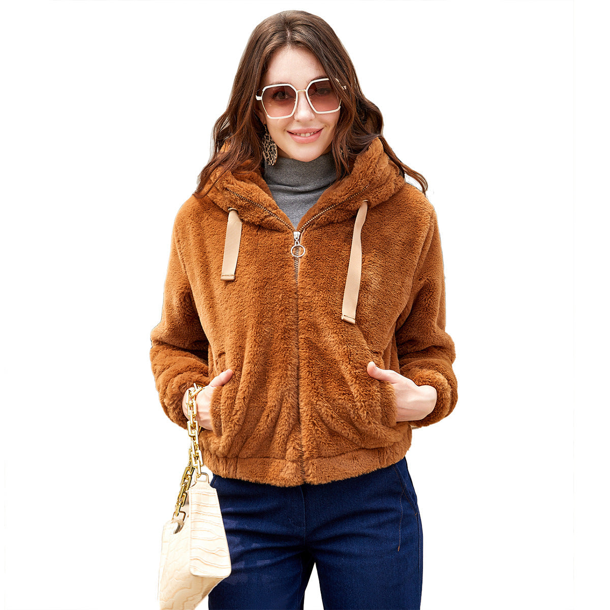Brown teddy jacket with hood and zipper side view