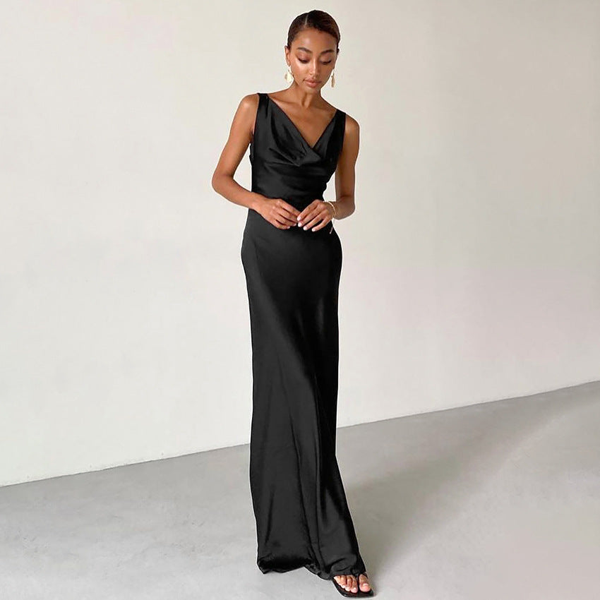 Black maxi dress with draped neckline front view