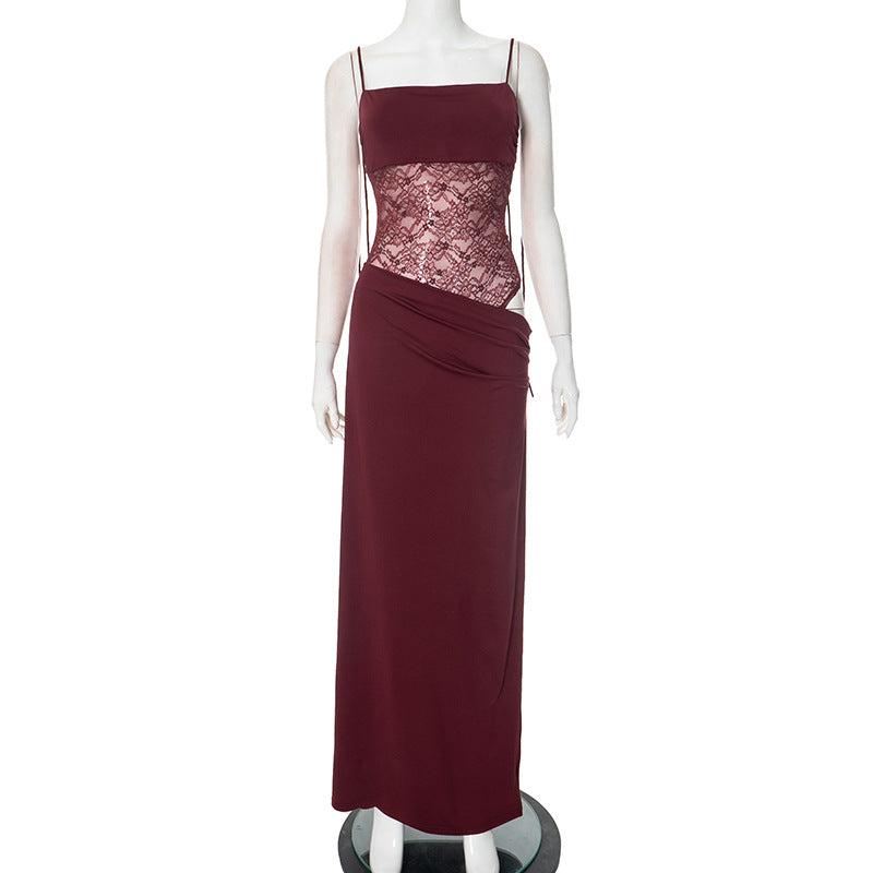 Maxi-jurk met kantdetail en rode kleur, front view