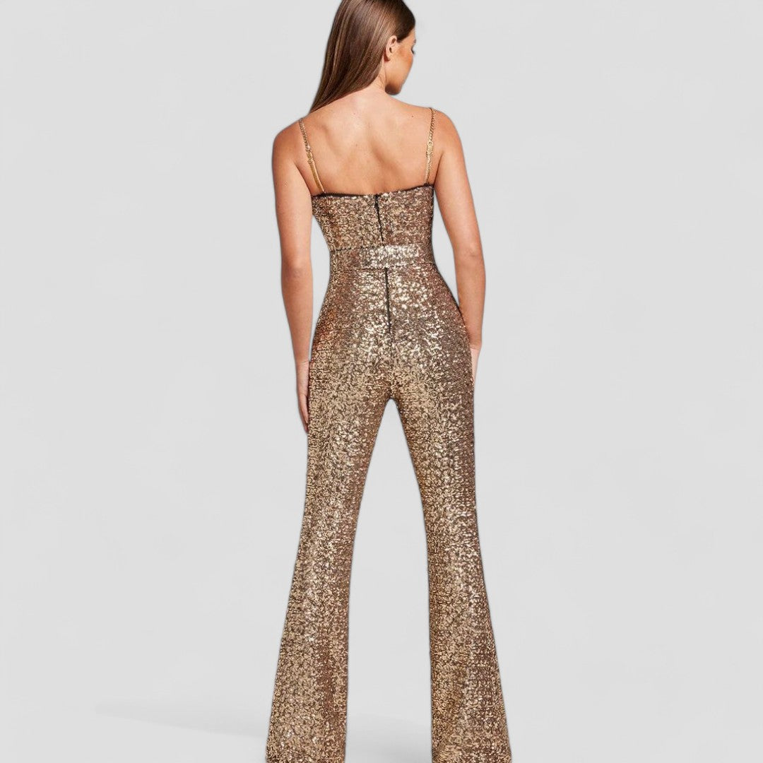 Pailletten jumpsuit goud open rugzijde