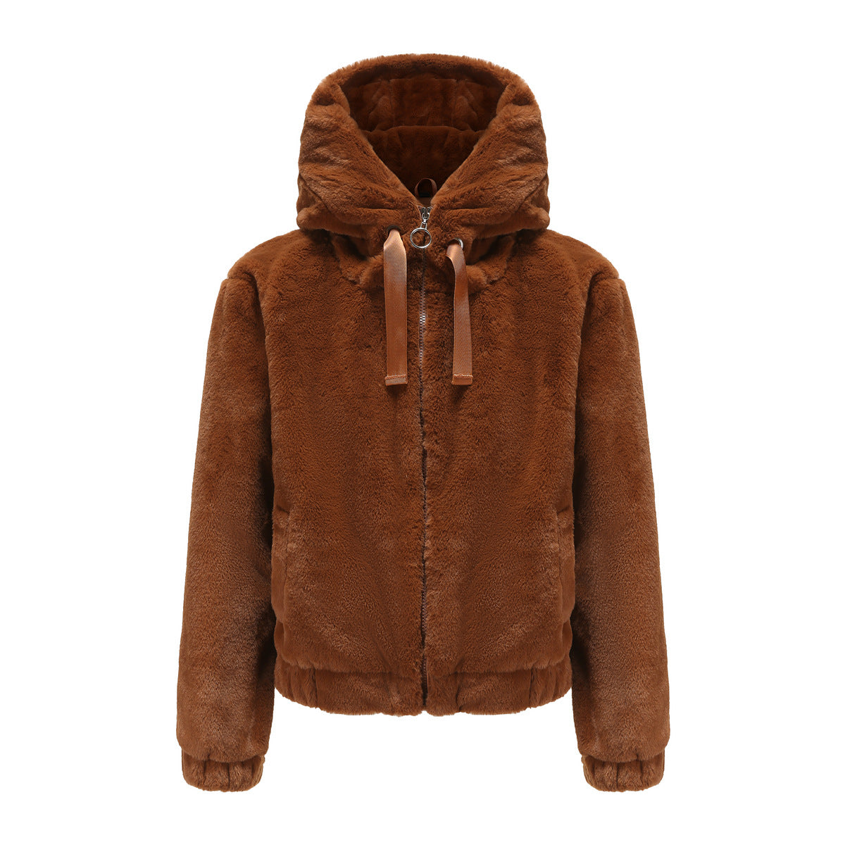 Brown teddy jacket with hood and zipper close-up detail