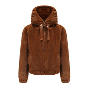 Brown teddy jacket with hood and zipper close-up detail