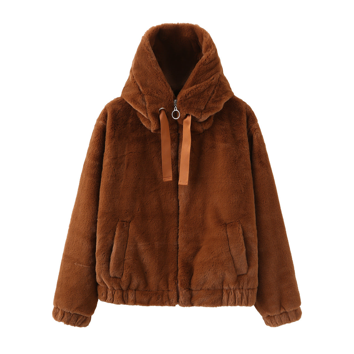 Brown teddy jacket with hood and zipper front view
