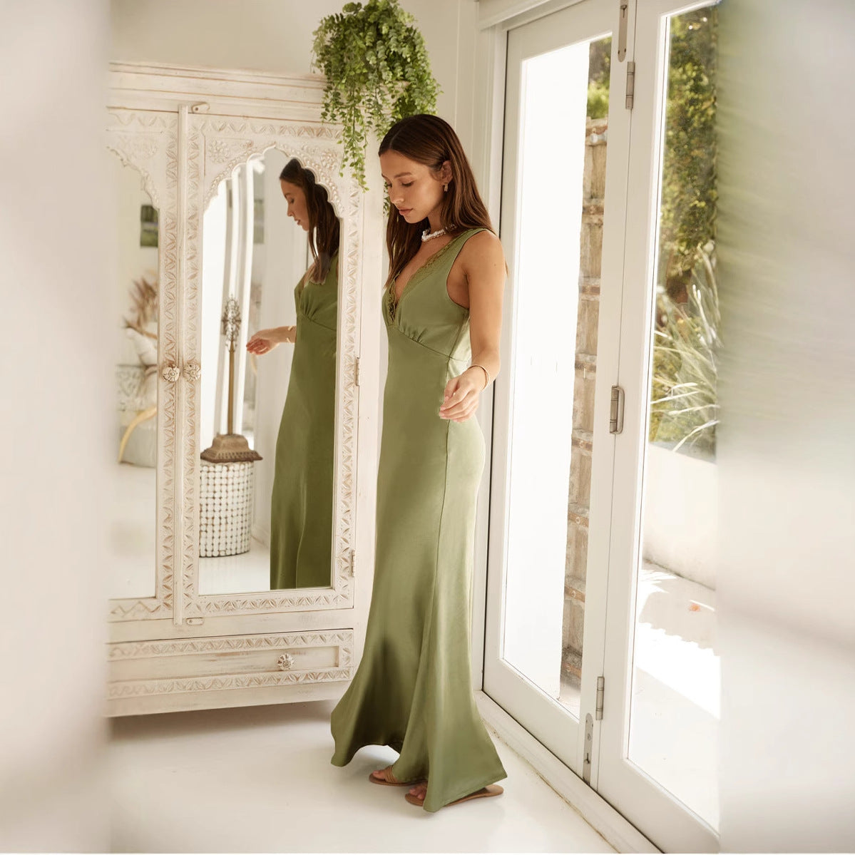 Maxi dress with V-neck and lace trim full body view