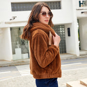 Brown teddy jacket with hood and zipper street style front view