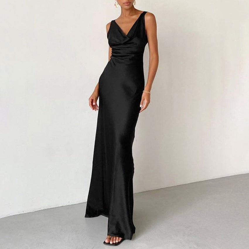 Black maxi dress with draped neckline side view