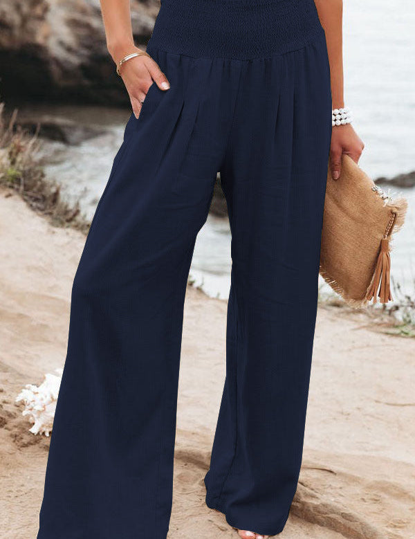 Zomerpants blauw met hoge taille en zakken, zijaanzicht