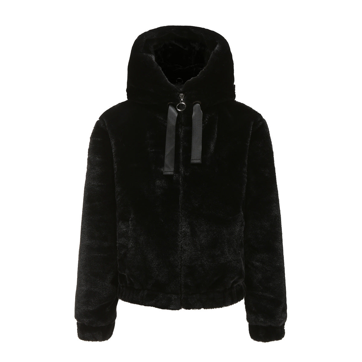Black teddy jacket with hood and zipper front view