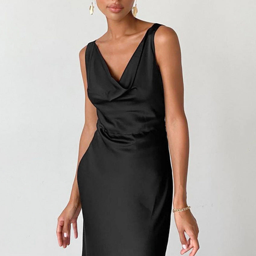 Black maxi dress with draped neckline three-quarter view