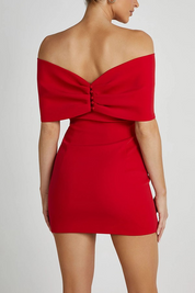 Red off-shoulder dress with bow back view