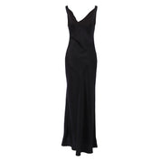 Black maxi dress with draped neckline isolated view
