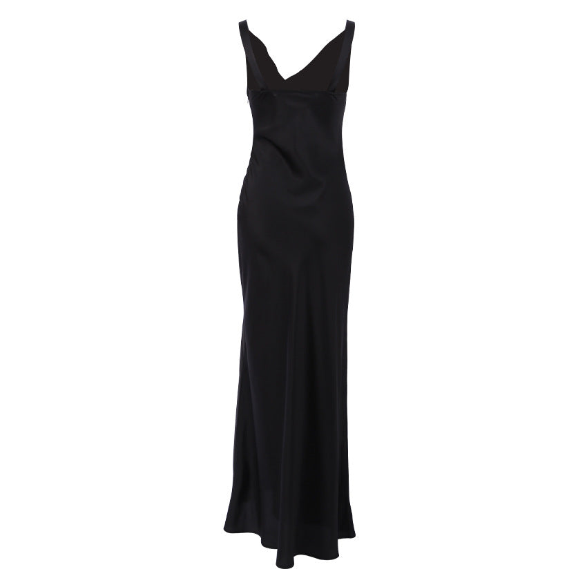 Black maxi dress with draped neckline isolated view