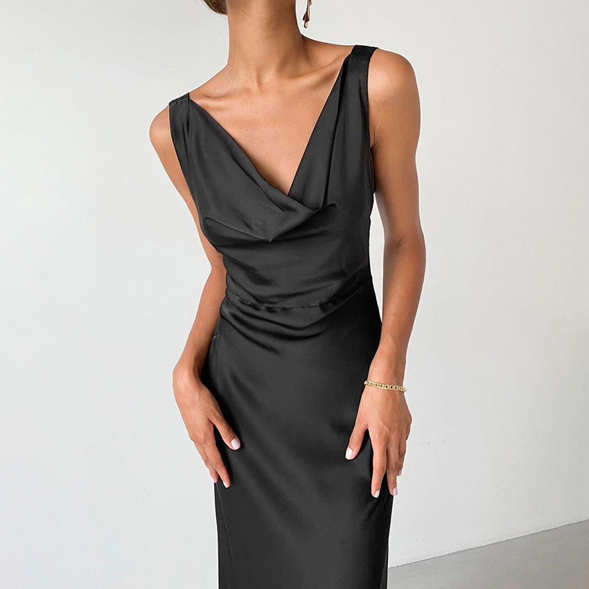 Black maxi dress with draped neckline close-up detail