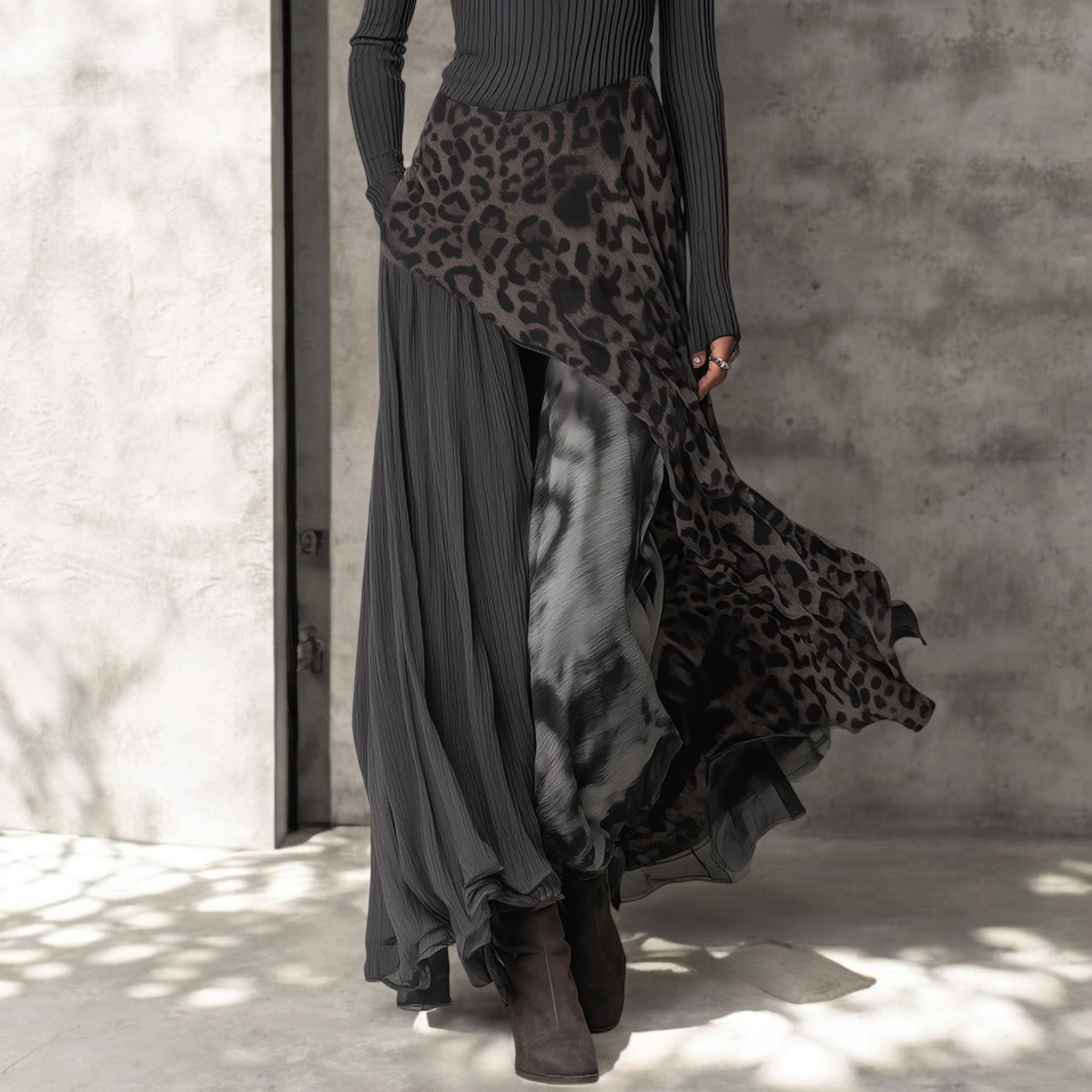 Asymmetrical leopard print dress side view