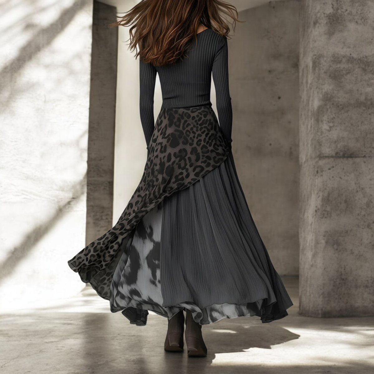 Long dress with asymmetrical leopard print back view