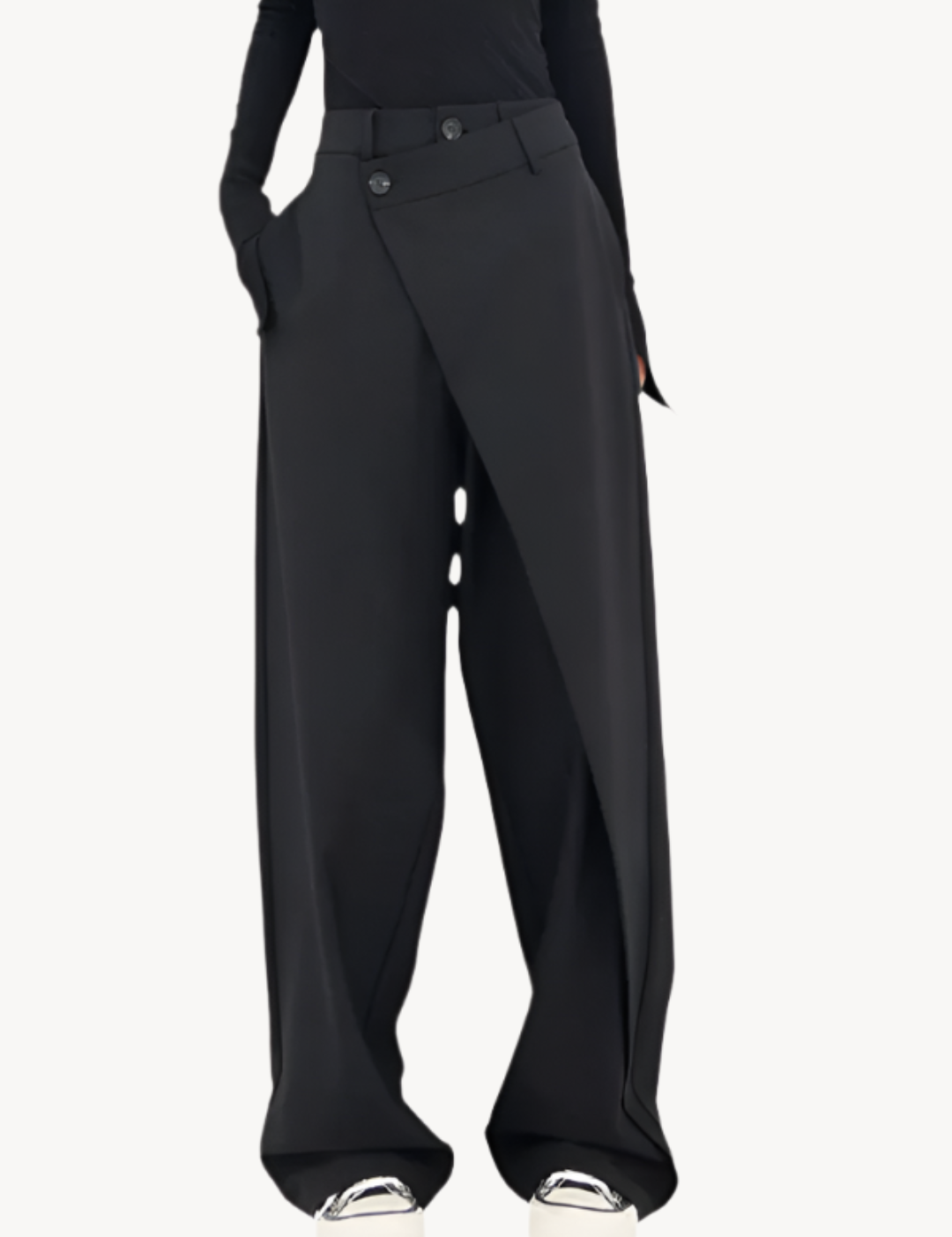 Zwarte oversized pantalon met dubbele knoopdetail vooraanzicht