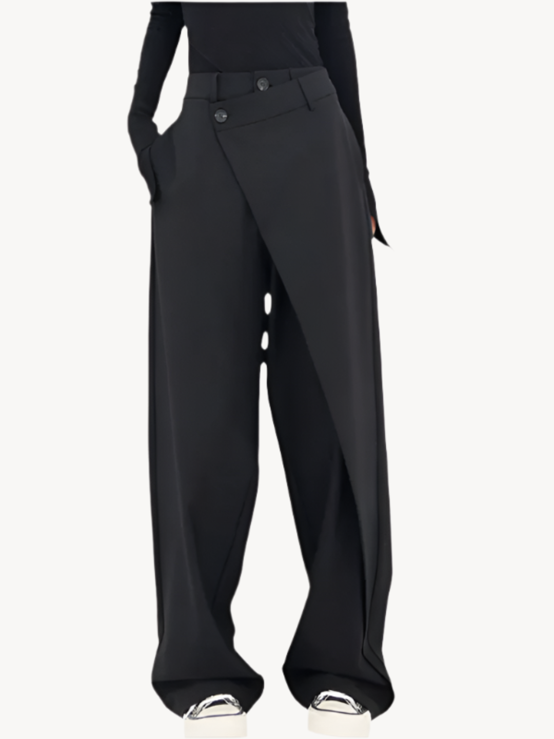 Zwarte oversized pantalon met dubbele knoopdetail vooraanzicht