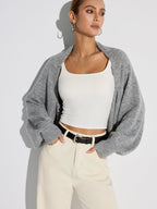 Grijze vest met glans effect, lange mouwen, front view