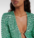 Mini jurk met glitter en V-hals, groen met gouden detail close-up