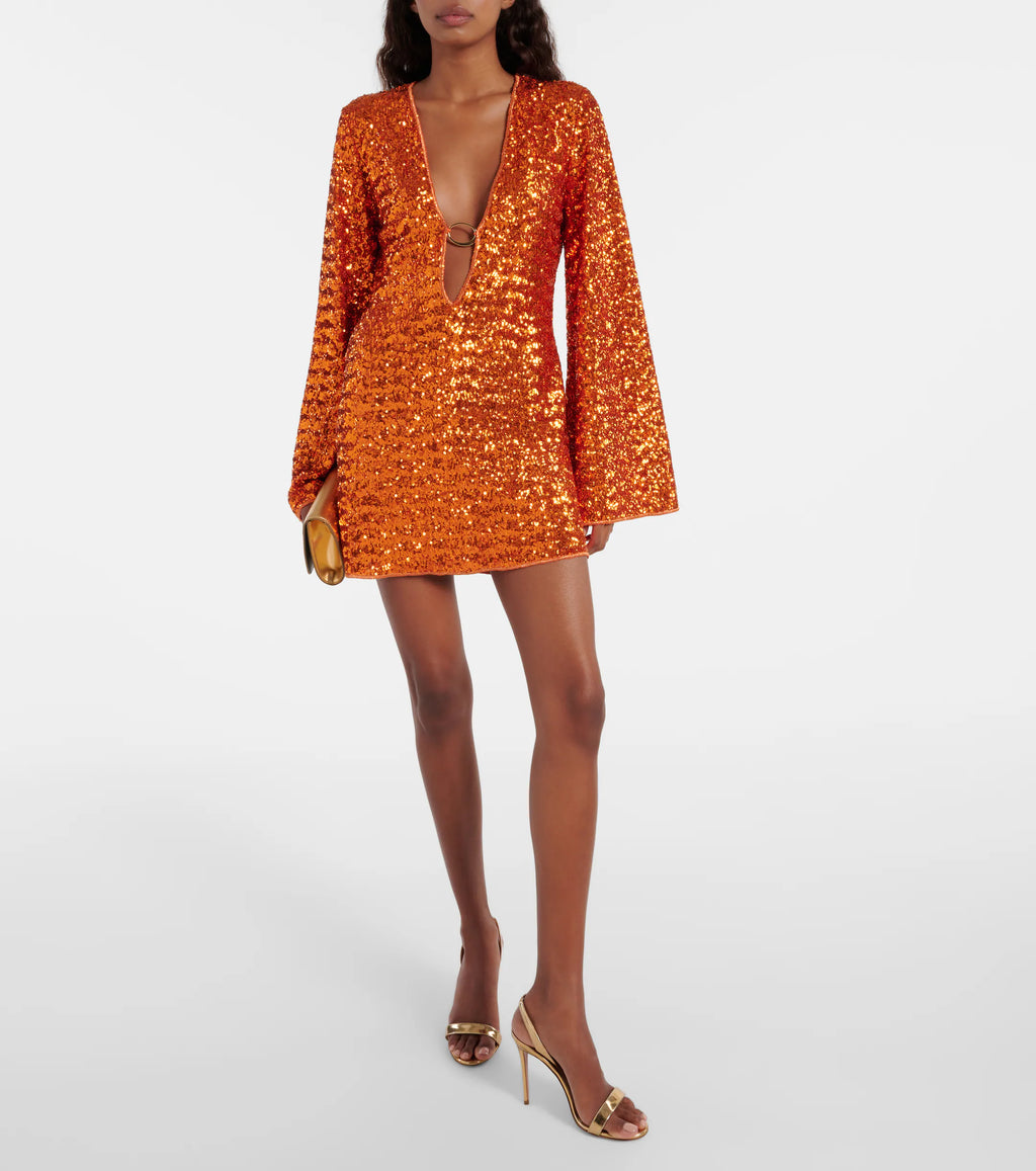 Korte jurk met glitter details oranje met V-hals en wijde mouwen vooraanzicht