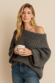 Women's off-shoulder knit sweater gray front view