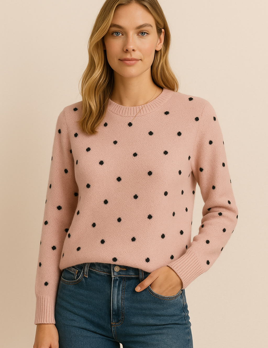 Pink knit sweater with black polka dots front view