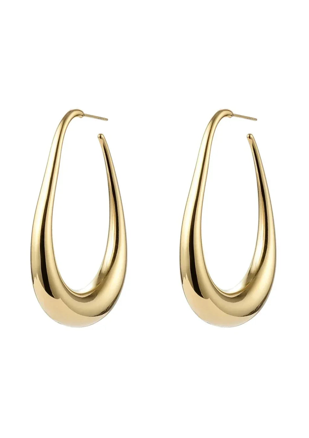 Gold teardrop hoop earrings front view