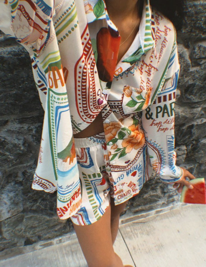 Two-piece set with vibrant botanical print, front view