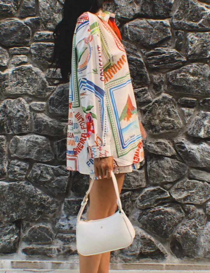 Two-piece set with colorful tropical print, side profile