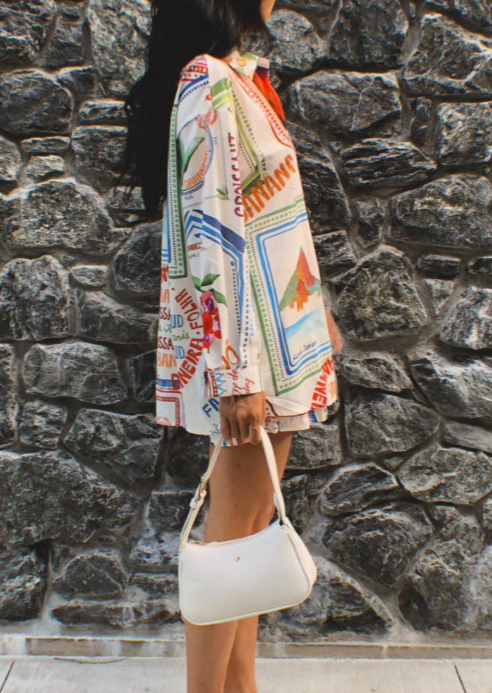 Two-piece set with colorful tropical print, side profile