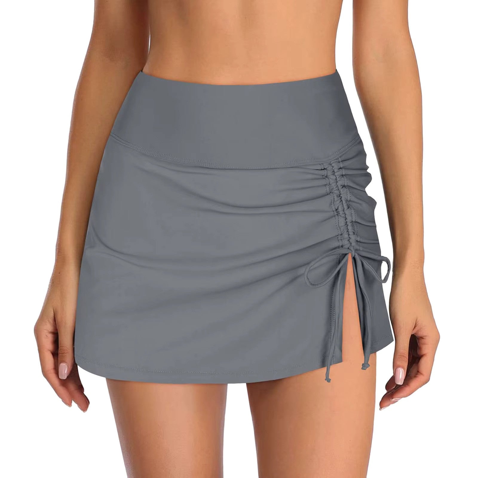 Gray swim skirt with ruched side front view