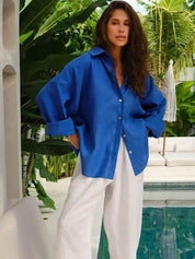 Blue linen blouse side view