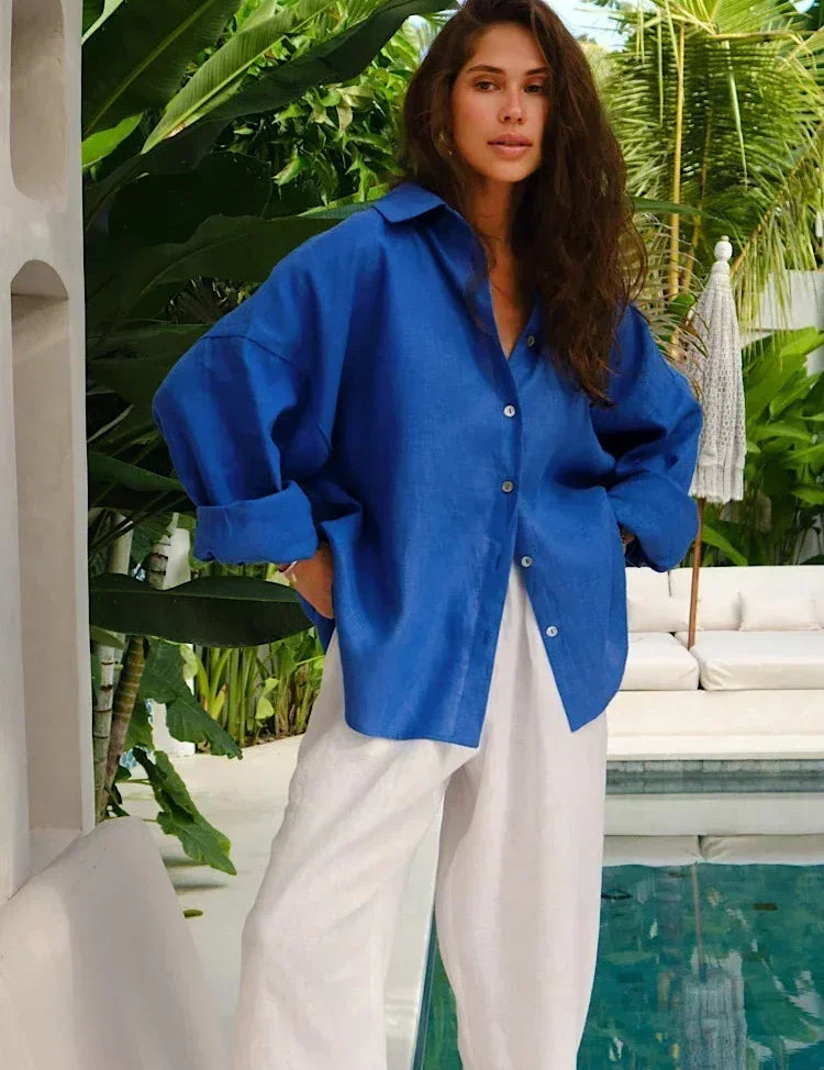 Blue linen blouse side view