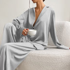 Rozella | Pyjamaset met knoopsluiting en wijde pijpen van satijn voor dames