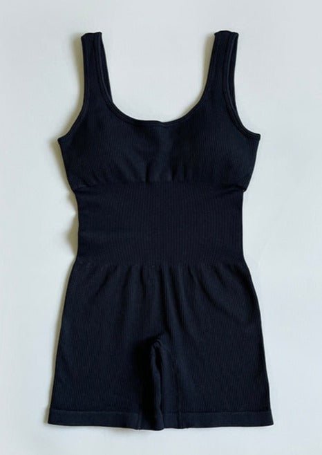 Black ribbed bodysuit flat lay