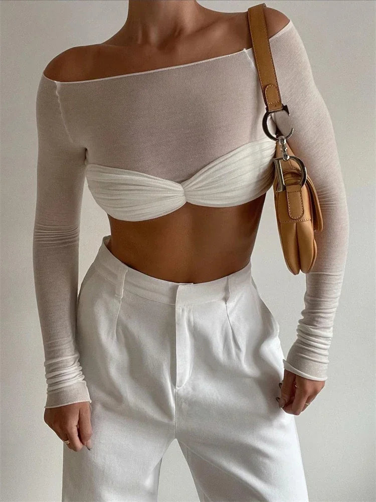 White off-shoulder top with ruched detail studio shot