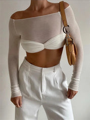 White off-shoulder top with ruched detail studio shot