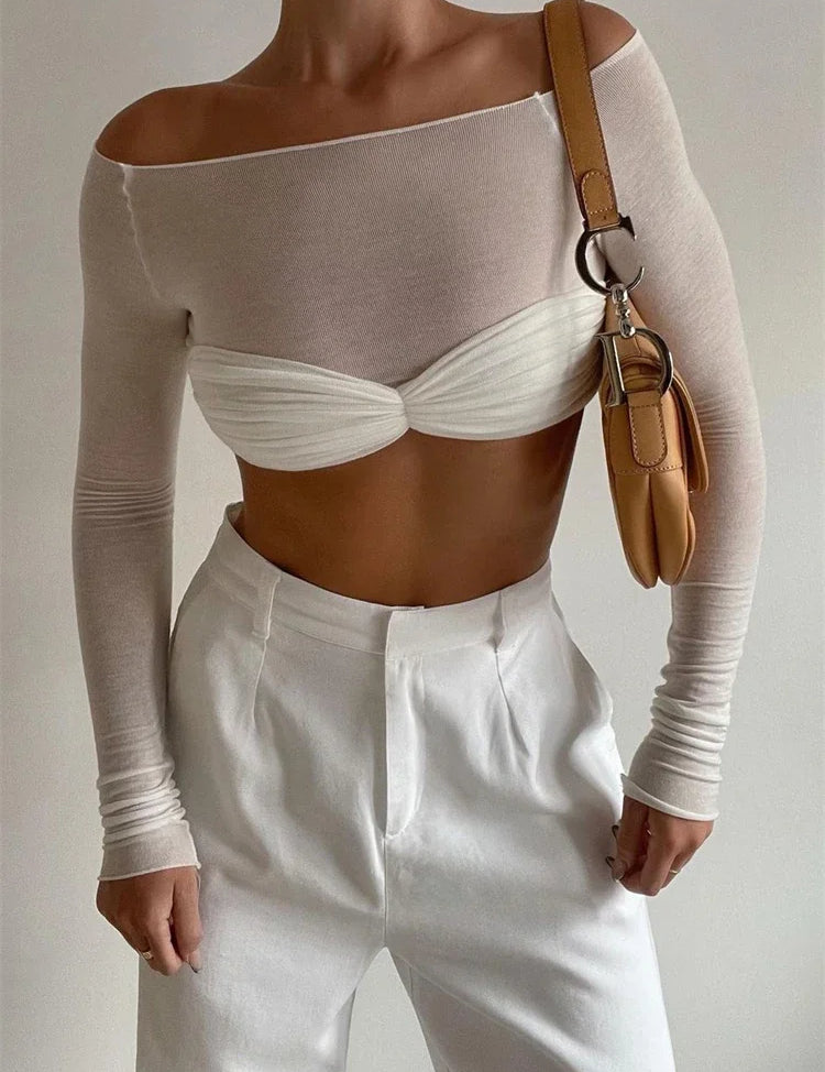 White off-shoulder top with ruched detail studio shot
