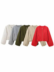 Vijf damesbomberjassen in wit, grijs, groen, beige en rood, front view