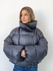 Oversized puffer jas donkerblauw dames front view