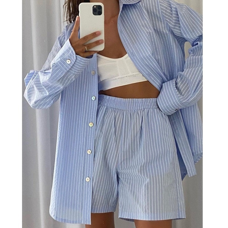 Blue striped shirt and shorts set front view